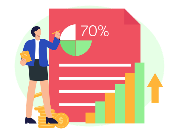 Mujer de negocios trabajando en el análisis del crecimiento y rendimiento empresarial  Ilustración