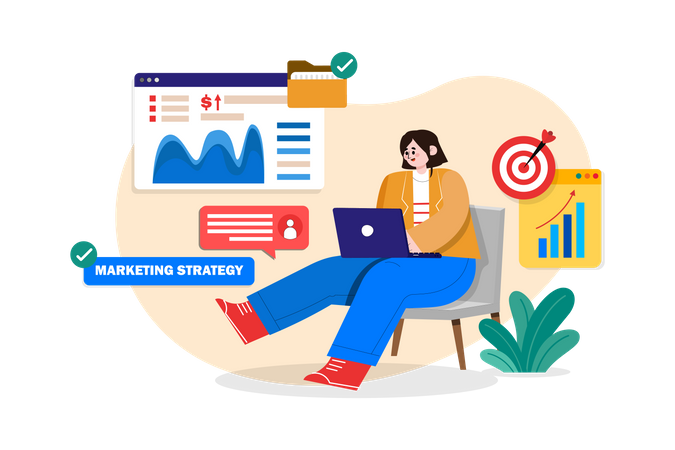 Empresaria trabajando en estrategia de marketing  Ilustración