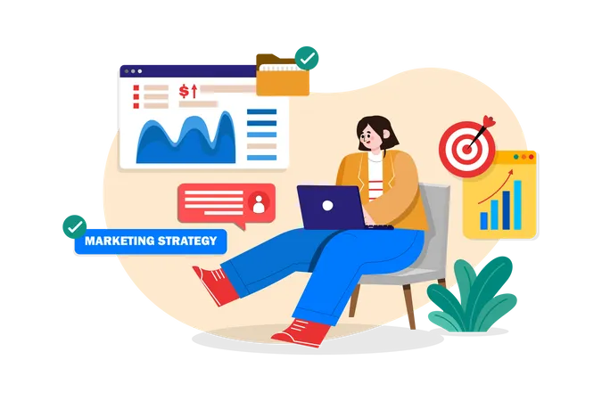 Empresaria trabajando en estrategia de marketing  Ilustración