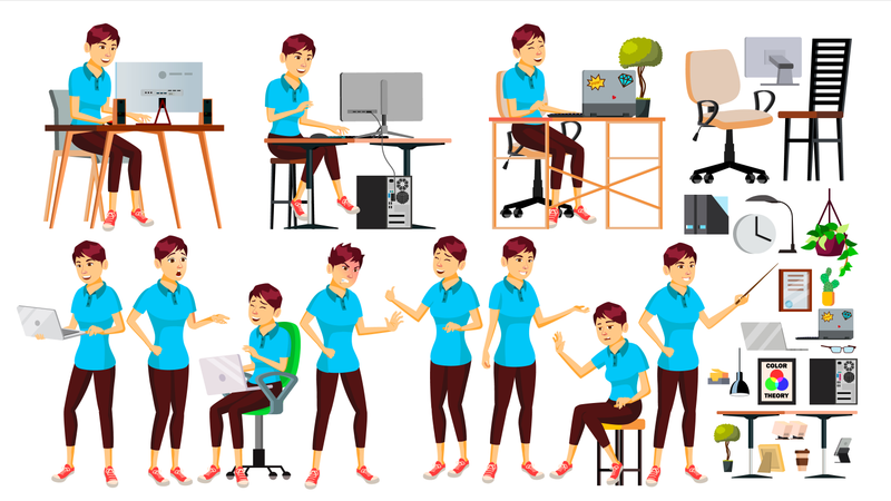 Empresaria trabajando en la oficina con diferentes gestos  Ilustración