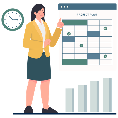 Mujer de negocios trabajando en la estrategia de planificación de proyectos  Ilustración