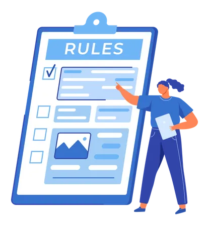 Empresaria trabajando en lista de verificación de reglas  Ilustración