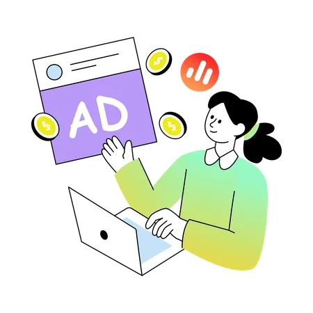 Empresaria trabajando en Monetización de Publicidad  Ilustración