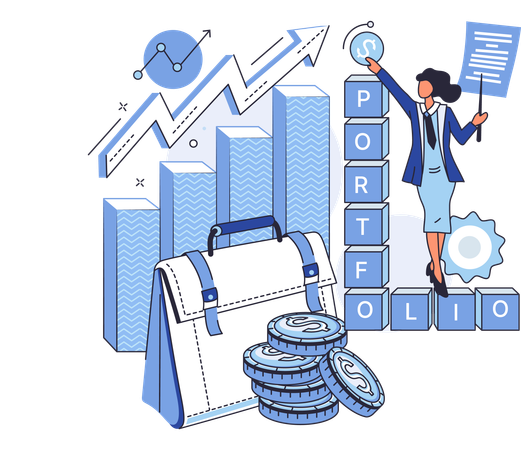 Mujer de negocios trabajando en una cartera de inversiones  Ilustración