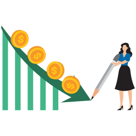 Mulher de negócios trabalhando em gráfico de declínio de negócios  Ilustração