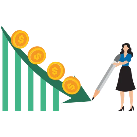 Mulher de negócios trabalhando em gráfico de declínio de negócios  Ilustração