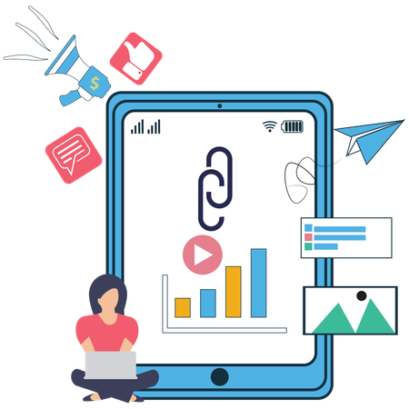 Mulher de negócios trabalhando na construção de backlinks para SEO  Ilustração