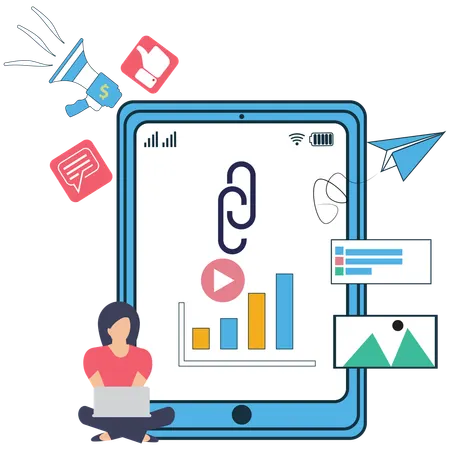 Mulher de negócios trabalhando na construção de backlinks para SEO  Ilustração