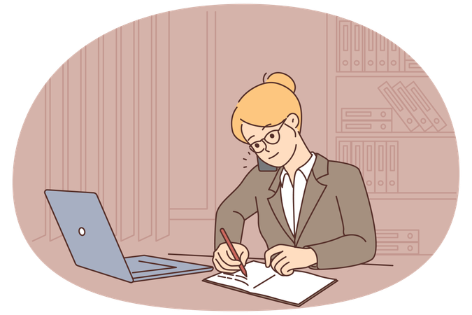 Mulher de negócios trabalhando em um laptop falando no celular  Ilustração