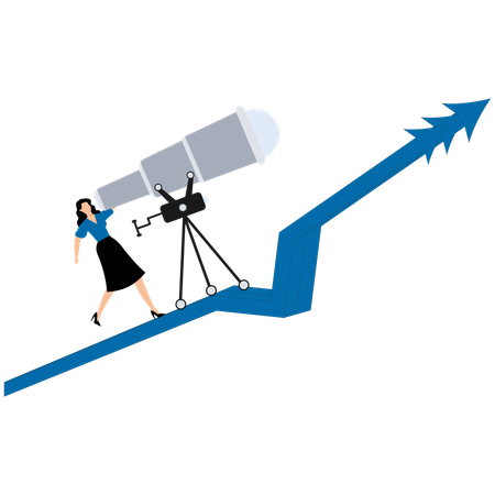 Una mujer de negocios sube por una flecha ascendente con un gran catalejo telescópico.  Ilustración
