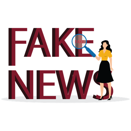 Mulher de negócios usando ampliação para palavras notícias em tamanho grande e palavra falsa aparece  Ilustração
