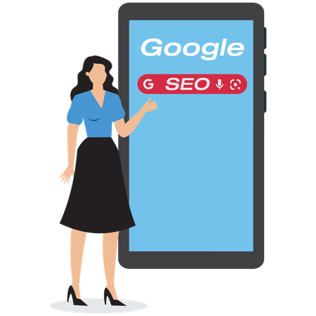 Mujer de negocios que utiliza un teléfono inteligente móvil para buscar SEO  Ilustración