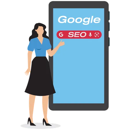 Mujer de negocios que utiliza un teléfono inteligente móvil para buscar SEO  Ilustración