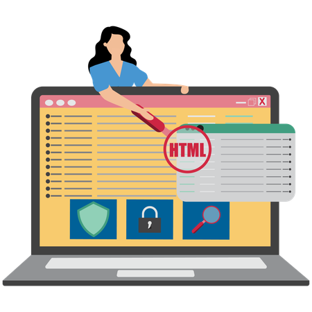 Mulher de negócios verificando codificação HTML no laptop  Ilustração