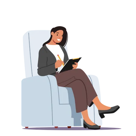 Empresária vestindo roupa formal e sentada em uma poltrona  Ilustração