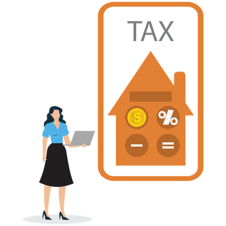 Mujer de negocios consultando la calculadora de impuestos en línea  Ilustración