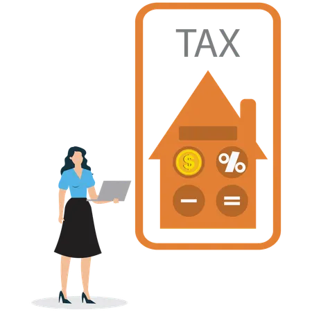 Mujer de negocios consultando la calculadora de impuestos en línea  Ilustración