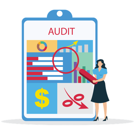 Mujer de negocios viendo una auditoría financiera empresarial  Ilustración