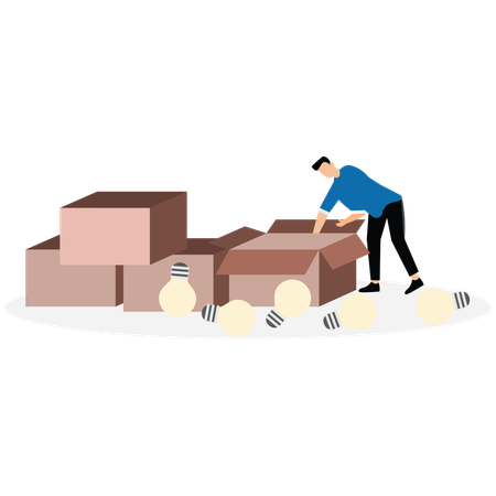 El hombre de negocios abre una caja de cartón en busca de nuevas ideas y muchas bombillas esparcidas por todas partes.  Ilustración
