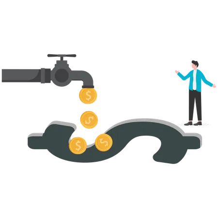 Hombre de negocios abriendo el grifo y llenando el signo de dólar con agua  Ilustración