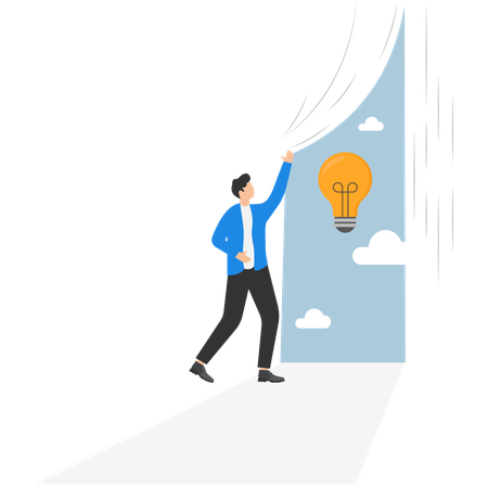 Empresário abrindo a cortina tentando ter uma nova ideia  Ilustração