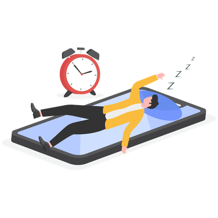 Hombre de negocios acostado sobre su teléfono inteligente y durmiendo desde que se queda dormido hasta las cinco de la mañana.  Ilustración