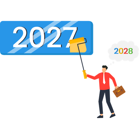 Empresario actualizando su estrategia de planificación de objetivos para el año 2027 y 2028  Ilustración