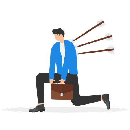 Un hombre de negocios exhausto caminando con dolorosos arcos en la espalda  Ilustración