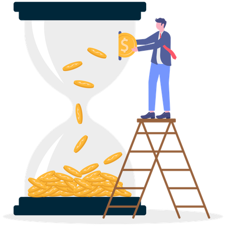 El hombre de negocios ahorra dinero en el reloj de arena.  Ilustración