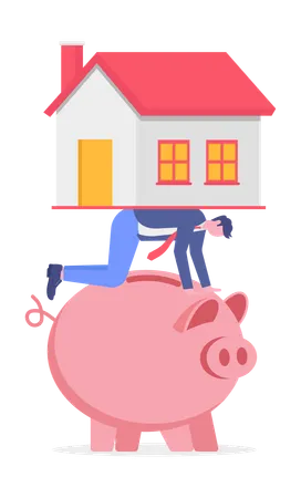 Hombre de negocios ahorrando dinero en casa  Ilustración
