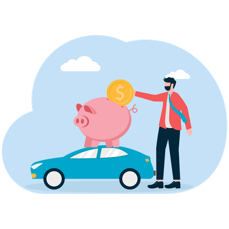 Hombre de negocios ahorrando dinero en una alcancía para comprar un coche.  Ilustración