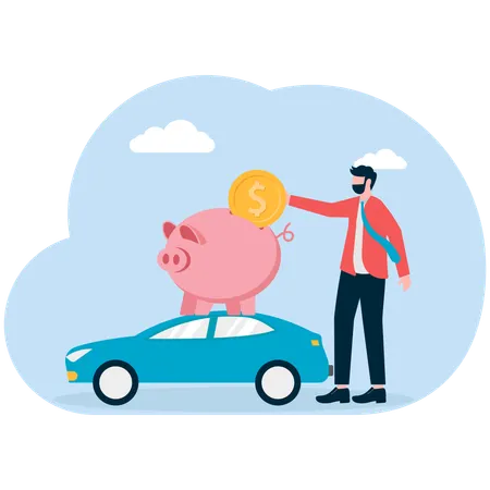 Hombre de negocios ahorrando dinero en una alcancía para comprar un coche.  Ilustración