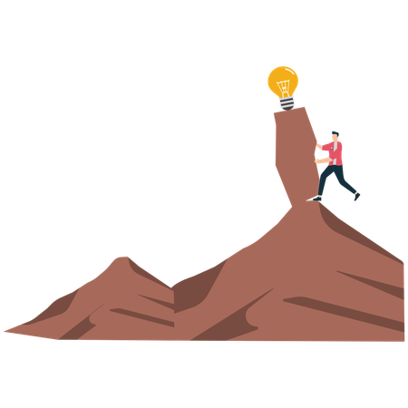 Hombre de negocios alcanzando la cima de la montaña con una idea brillante  Ilustración