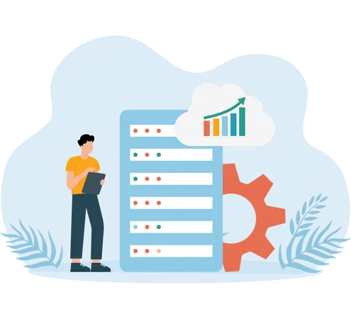 El empresario almacena datos en un centro de datos en la nube  Ilustración