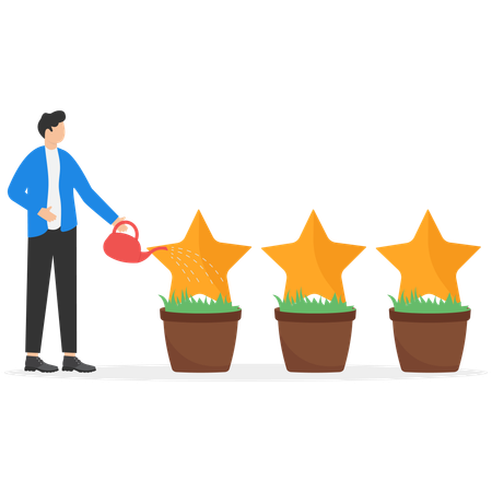 Un empresario ambicioso regando enormes árboles estrellados  Ilustración