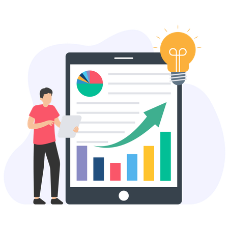 Empresário analisando estatísticas em tablet para ideias inovadoras e crescimento empresarial  Ilustração