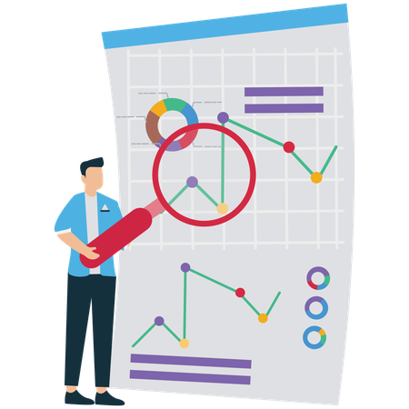 Empresário analisando gráfico com lupa  Ilustração
