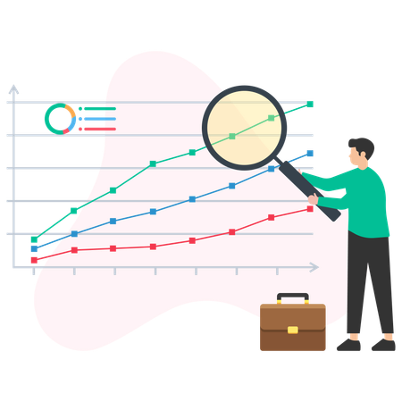 Empresário analisando gráficos crescentes com lupa  Ilustração