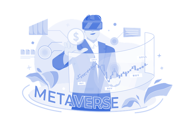 Empresário analisando gráficos de investimento usando óculos VR  Ilustração