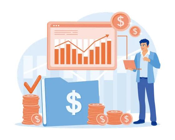 Empresário analisando gráficos de negociação de ações enquanto investe dinheiro no mercado de ações  Ilustração