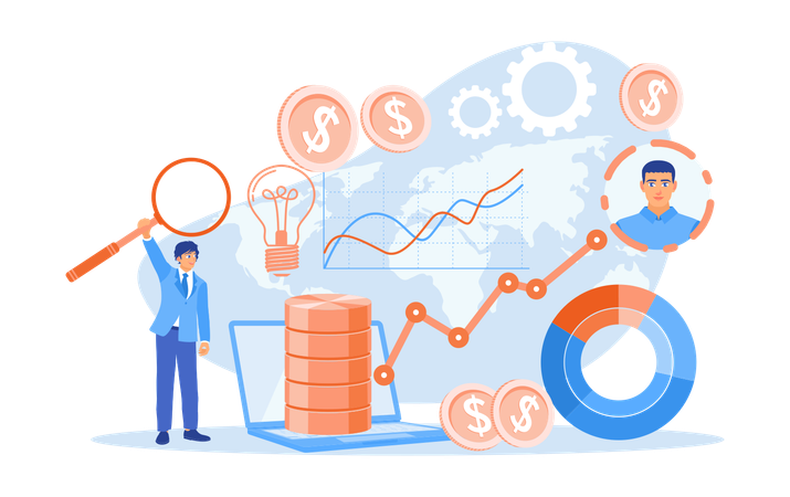 Empresário analisando gráficos de negociação e procurando novas ideias para aumentar as vendas  Ilustração