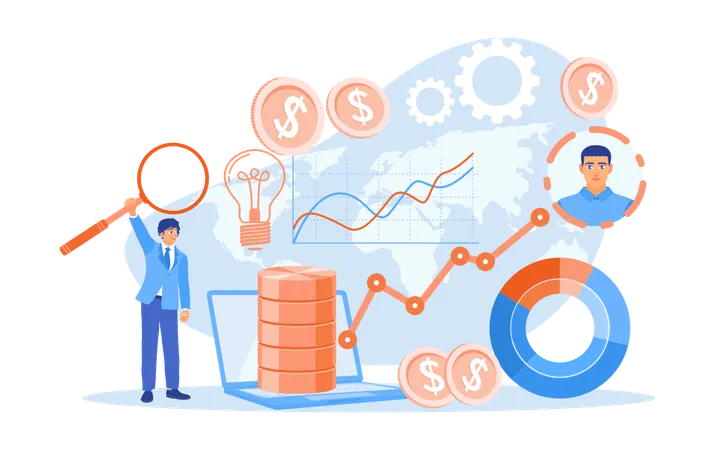 Empresário analisando gráficos de negociação e procurando novas ideias para aumentar as vendas  Ilustração