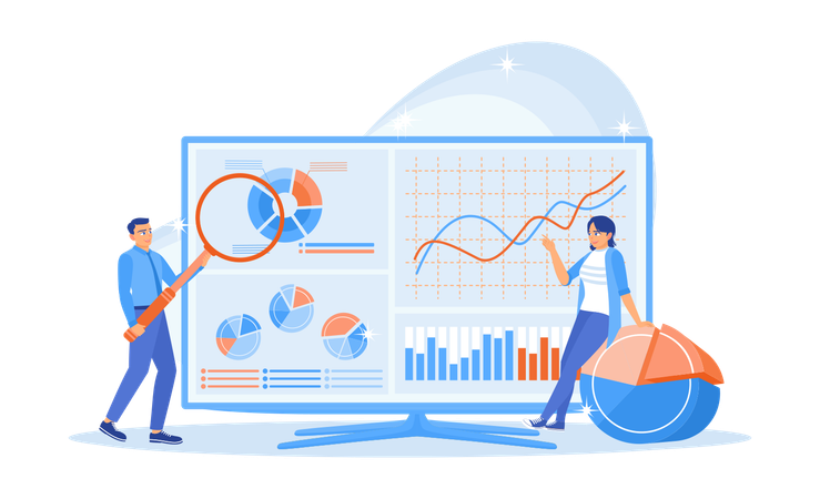 Empresário analisando gráficos financeiros do escritório  Ilustração