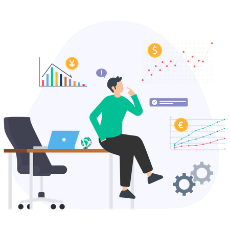 Empresário analisando gráficos financeiros e tendências econômicas globais  Ilustração