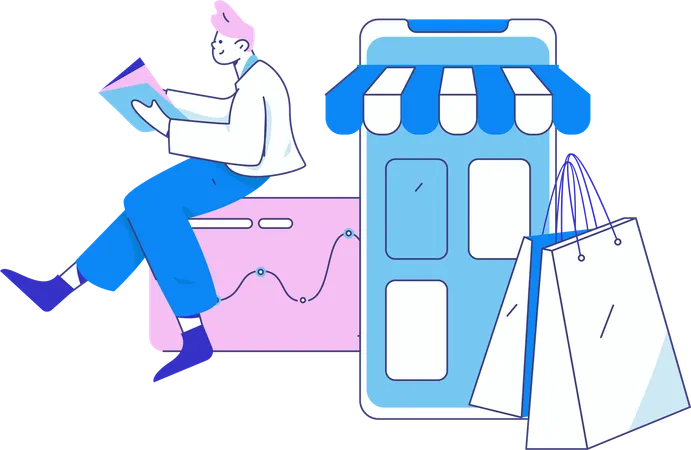 Empresário analisando análises de vendas de compras online  Ilustração