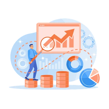 Empresario analiza tendencias del mercado y mejora el marketing con optimización SEO  Ilustración