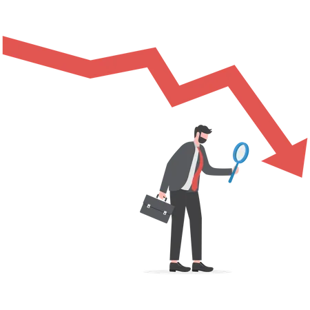 El hombre de negocios analiza el gráfico de flecha hacia abajo y las finanzas en quiebra  Ilustración