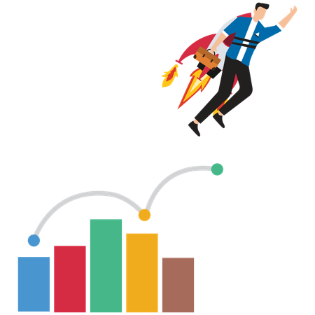 Empresário sobe de foguete enquanto gráfico de negócios cresce  Ilustração