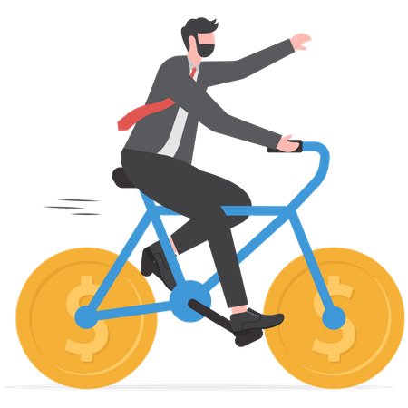 Empresario andando en bicicleta con monedas en lugar de ruedas  Ilustración