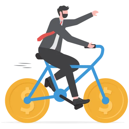 Empresario andando en bicicleta con monedas en lugar de ruedas  Ilustración